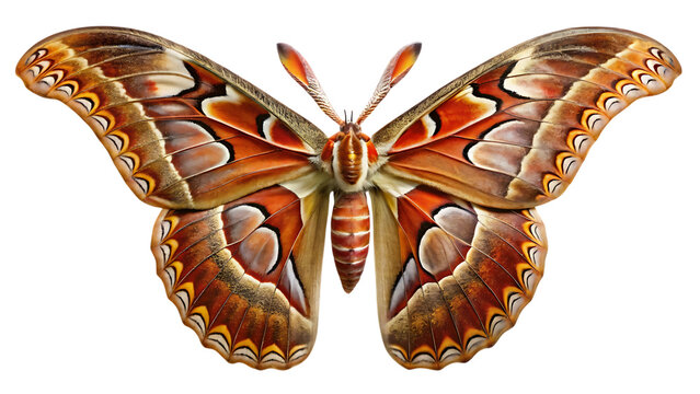 A magnificent atlas moth showcasing intricate patterns and vibrant orange and brown coloration