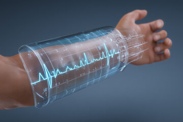 High tech wearable device displaying vital signs on arm