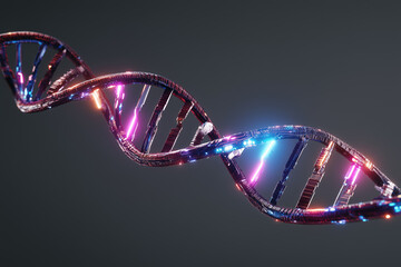 Glowing DNA double helix structure with vibrant pink and blue lights