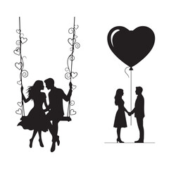 Bundle collection set design silhouette couple romance love heart swing balloon silhouette art design illustration