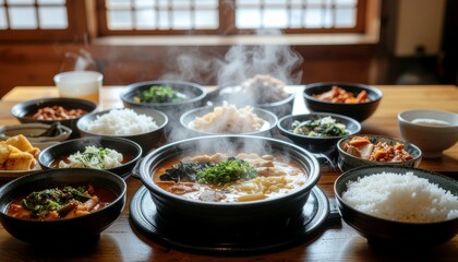 Steaming traditional Korean meal A bubbling hot pot surrounded by diverse banchan side dishes and fluffy white rice, a complete Asian dining spread