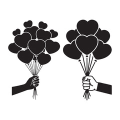 Bundle collection set design two bunches of heart shaped balloons held silhouette art design illustration