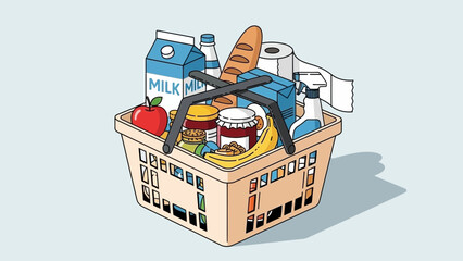 Illustration of a shopping basket filled with essentials like dairy, bread, and canned goods