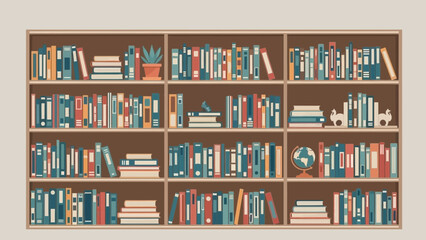 Illustration of a well-organized wooden bookshelf filled with colorful books, decorative plants,
