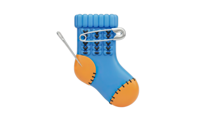 Sock Repair with Needle and Safety Pin on White