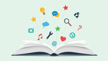 Illustration of an open book with colorful icons representing knowledge and ideas