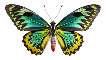 Fototapeta premium A magnificent green and yellow butterfly with black markings on a solid black background