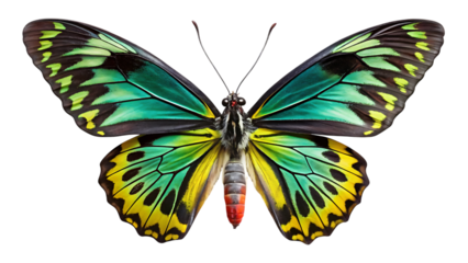 A magnificent green and yellow butterfly with black markings on a solid black background