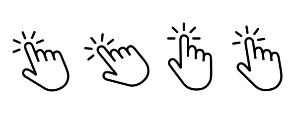 Click cursor icon set vector featuring arrow and hand pointer mouse cursors at different angles, clean minimal design for UI, web, app interfaces, tutorials, and interaction projects.