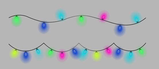 Realistic glowing colorful hanging Christmas lights seamless pattern with bright garland bulbs, isolated repeatable decoration elements for holiday designs, festive backgrounds, and winter projects.