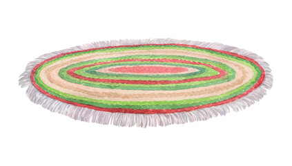 Watercolor illustration of a fringed knitted rug.
