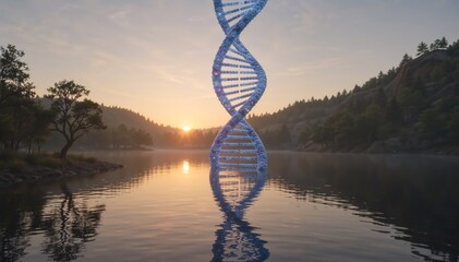 Giant glowing DNA double helix rising from a lake at sunrise. Surreal genetics and nature landscape concept. 3D illustration of biology and evolution