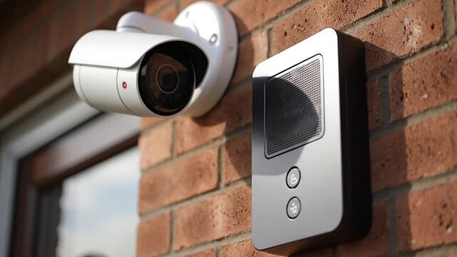 Modern home security camera and smart video doorbell system mounted on a red brick wall, ensuring property surveillance and entry monitoring