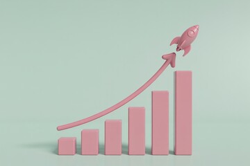 Pink rocket ship launching upwards on a rising bar graph symbolizing business growth success and financial progress against a soft blue background