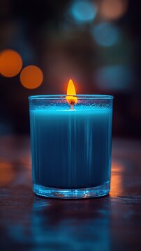 A blue candle with a yellow flame is lit in a glass. The candle is surrounded by a dark background, which creates a sense of intimacy and warmth. The blue color of the candle