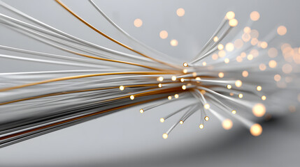 a collection of illuminated fiber optic cables radiating outwards, suggesting connectivity and technology