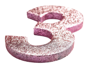 This design features the number three cut out in a bright pink glitter finish. The number glows with a glittery texture on a clear background, suitable for various projects