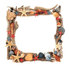 Driftwood seashell wreath border frame decoration on white background. Natural rustic coastal seaside design decorative art for logo, greeting card.
