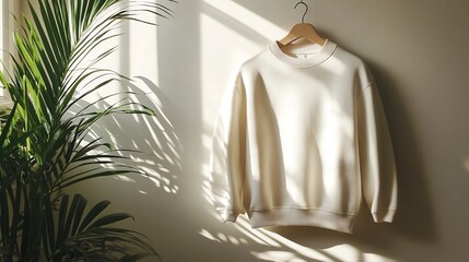 White Sweatshirt Hanging on Wall with Shadow of Plant