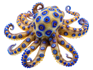 Close-up portrait of a deadly blue-ringed octopus with vibrant blue rings on a yellow background