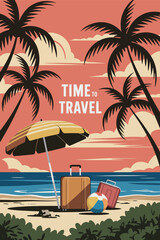 Time to Travel Summer Vacation Poster with Luggage Bags Vector Illustration