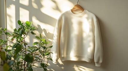 White Sweatshirt Hanging on Wall with Shadow of Plant
