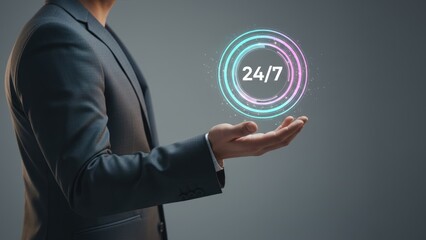 A businessman presenting glowing 24/7 interface showing nonstop digital help and 24/7 continuous support service
