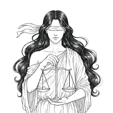 A detailed line art illustration of Lady Justice blindfolded with long flowing hair and holding balanced scales.