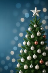 Christmas tree decoration with silver star and bokeh for modern holiday greeting and luxury banner
