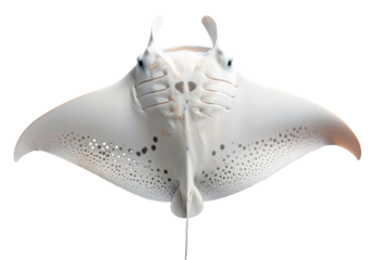 A ray swims gracefully with its wings spread wide, showcasing its unique shape and patterns. The background remains clear, highlighting the ray's features without distractions