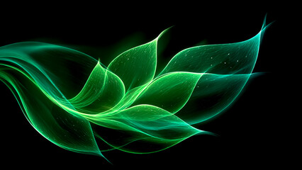 Abstract Glowing Fractal Flowers Formed by Green Curved Lines. Energy Wave, Futuristic Botany, Technology Background.