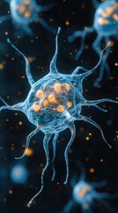 A close up of a blue and orange blob of something that looks like a cell. The image is in black and white and has a somewhat eerie, almost otherworldly feel to it