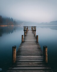 Fototapeta premium Wooden pier extending into a calm, foggy lake with soft reflections, evoking a peaceful and minimalist nature scene at dawn.