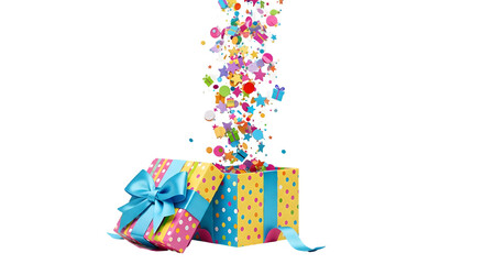 Colorful explosion of gifts and presents cascading down into wrapped boxes below