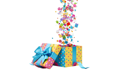 Colorful explosion of gifts and presents cascading down into wrapped boxes below