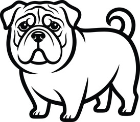 Cartoon Pug dog with a wrinkly face and curled tail in a bold black and white line art style.