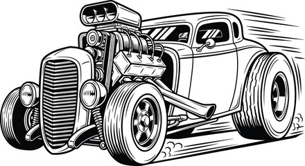 Classic American hot rod coupe with a large supercharged engine illustrated in black and white line art style. © Vhya