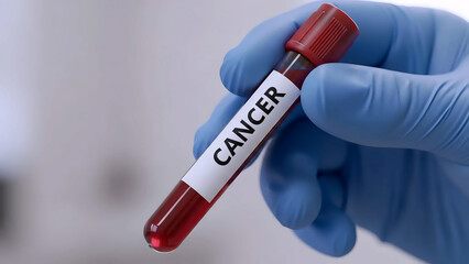 Doctor hand in blue medical glove holding blood test tube with Cancer label for diagnosis
