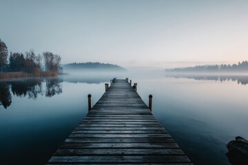 Obraz premium Wooden pier extending into a calm, foggy lake with soft reflections, evoking a peaceful and minimalist nature scene at dawn.