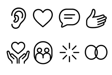 Empathy Icon Set. Empathic communication elements linear set: active listening ear, caring heart, open conversation bubble, calm gesture hand, compassion symbol, shared space icon,
