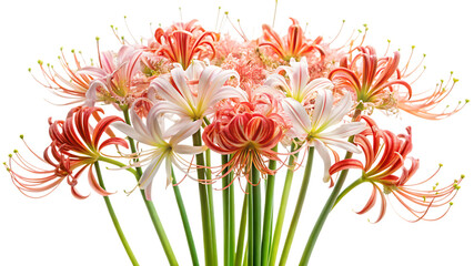Pink and white spider lilies bloom in a stunning cluster, highlighted against a solid black backdrop © Hello Creatives