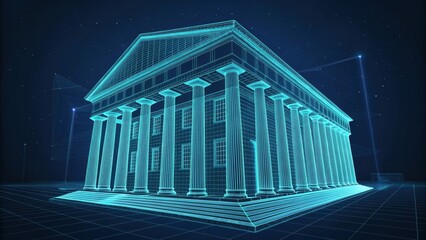Futuristic building with glowing blue columns and digital lines
