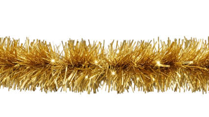 Shiny gold tinsel garland, metallic strands creating shimmering festive texture.