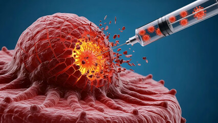 3D illustration of oncolytic virus therapy or vaccine injection into malignant tumor cell