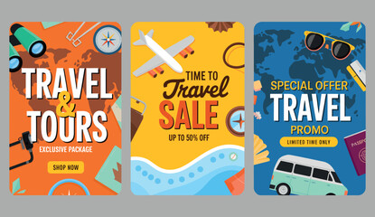 Travel Poster Vector Set Template with 3D Luggage and Airplane Elements