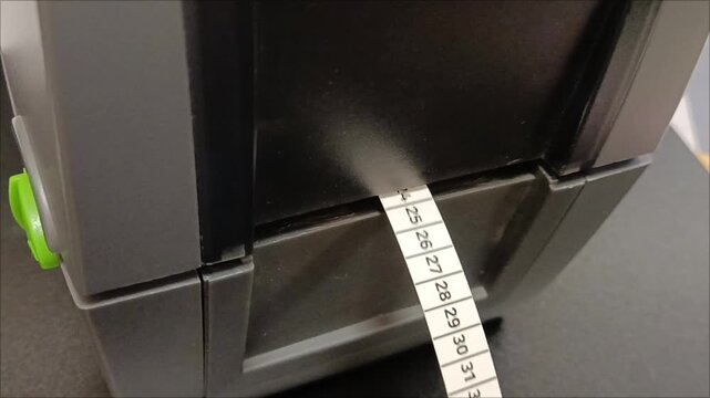Industrial label printer printing marking tape with numbers and codes. Typography production process of barcode labeling.