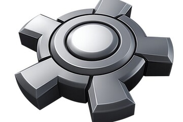 silver metal gear logo with triangular accents and gray blocks, cartoon game icon on white background for digital interface