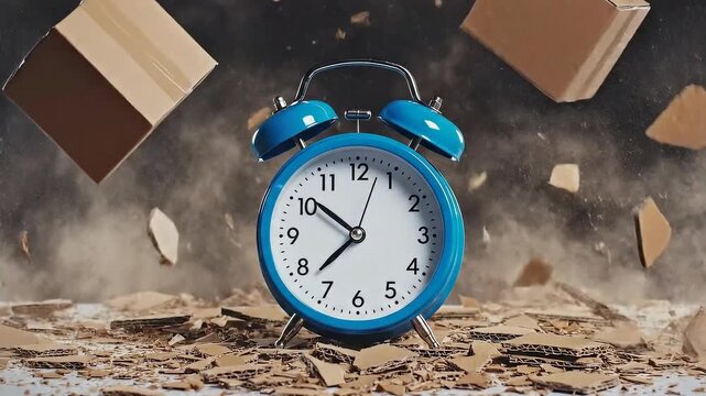 Blue Alarm Clock Exploding into Pieces Mid-Air.