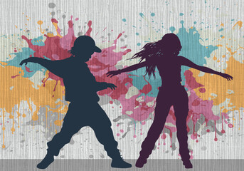 Urban street dance boy and girl silhouettes on a colorful paint splatter background, hip hop dancers illustration