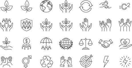 Fototapeta premium Diverse collection of line art icons representing environmental and social responsibility concepts Keywords: environment